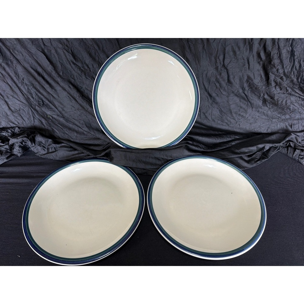 Tienshang Kitchen Basics Colors Cream Blue Rim 10.25" Stoneware Plates Set of 3